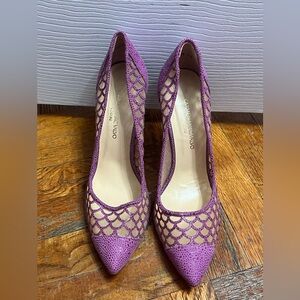 CARMEN MARC VALVO purple fishnet mesh heels